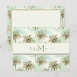 Tarjeta Pequeña Monograma de palmera tropical acuático y crema
