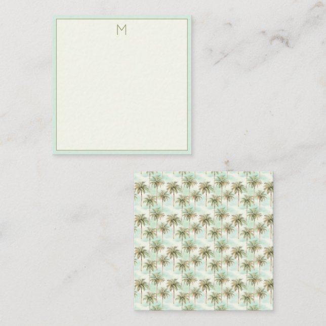 Tarjeta Pequeña Monograma de palmera tropical acuático y crema (Anverso / Reverso)