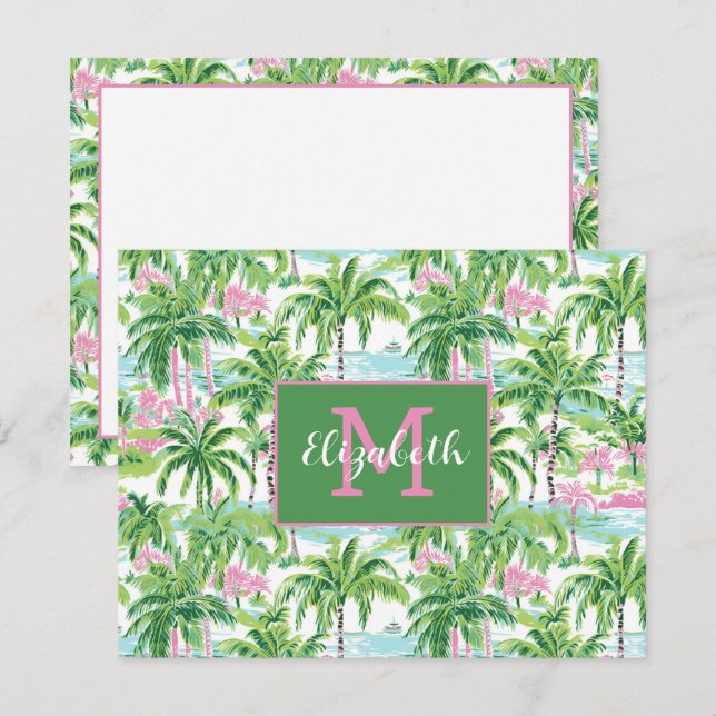 Tarjeta Pequeña Monograma de palmeras tropicales verde y rosa prec (Anverso / Reverso)