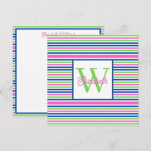 Tarjeta Pequeña Monograma de raya rosa, verde y azul marino Preppy