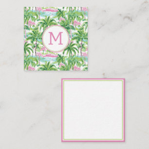 Tarjeta Pequeña Monograma del árbol de palmas tropical verde y ros