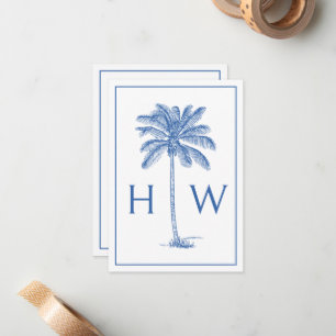 Tarjeta Pequeña Monograma del árbol de palmetto azul y blanco