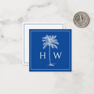 Tarjeta Pequeña Monograma del árbol de palmetto azul y blanco