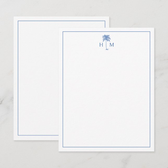 Tarjeta Pequeña Monograma del árbol de palmetto azul y blanco (Anverso / Reverso)