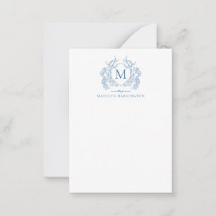 Tarjeta Pequeña Monograma del Escudo de cosecha floral azul clásic