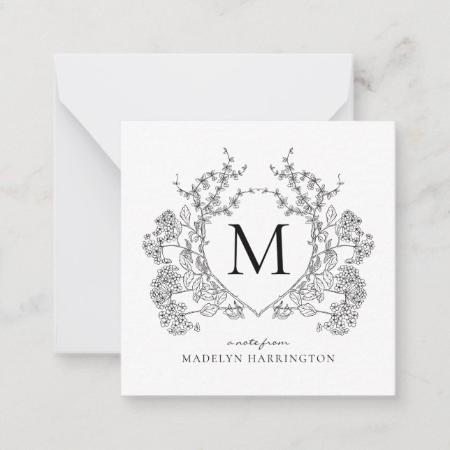 Tarjeta Pequeña Monograma del Escudo floral blanco y negro clásico (Anverso)