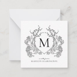 Tarjeta Pequeña Monograma del Escudo floral blanco y negro clásico