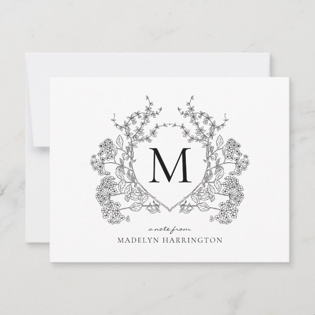 Tarjeta Pequeña Monograma del Escudo floral blanco y negro clásico (Anverso)