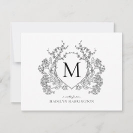 Tarjeta Pequeña Monograma del Escudo floral blanco y negro clásico