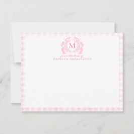 Tarjeta Pequeña Monograma del Escudo floral Rubor Pink Gingham