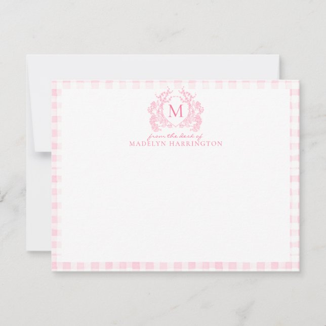 Tarjeta Pequeña Monograma del Escudo floral Rubor Pink Gingham (Anverso)