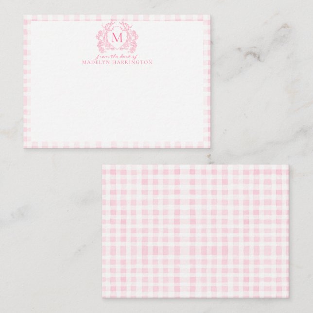 Tarjeta Pequeña Monograma del Escudo floral Rubor Pink Gingham (Anverso / Reverso)