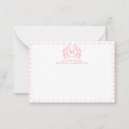 Tarjeta Pequeña Monograma del Escudo floral Rubor Pink Gingham
