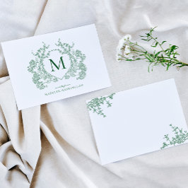 Tarjeta Pequeña Monograma del Escudo Floral Verde del bosque de co