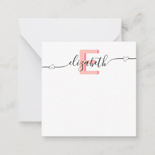Tarjeta Pequeña Monograma del guión del corazón rosado Girly