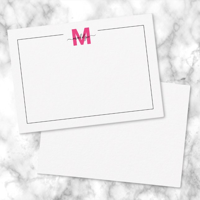 Tarjeta Pequeña Monograma del nombre de guión rosado negro (Black Pink Script Name Monogram Note Card )