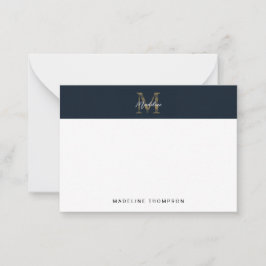 Tarjeta Pequeña Monograma dorado azul marino de escritura mínima