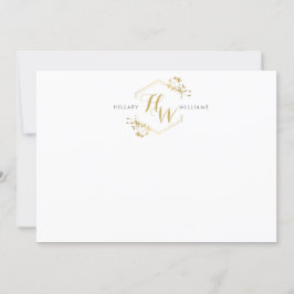 Tarjeta Pequeña Monograma dorado con vino y hoja notecard plano