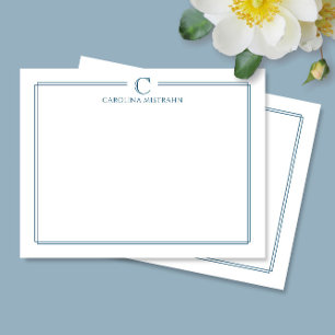 Tarjeta Pequeña Monograma Elegante Borde Azul Marino Minimalista