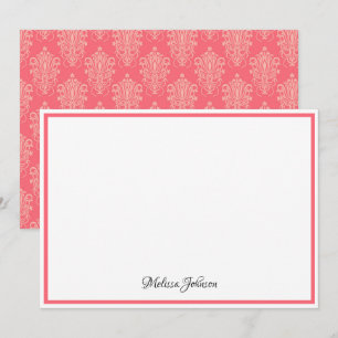 Tarjeta Pequeña Monograma elegante con floral de damasco rosa