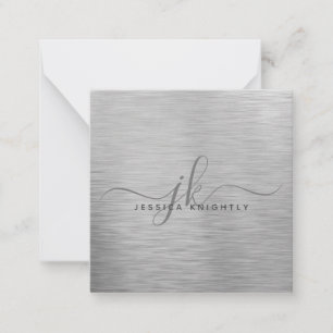 Tarjeta Pequeña Monograma elegante de escritura metálica plateada 