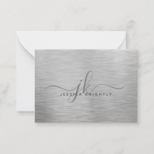 Tarjeta Pequeña Monograma elegante de escritura metálica plateada
