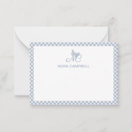 Tarjeta Pequeña Monograma elegante de Gingham Dusty Blue Personali