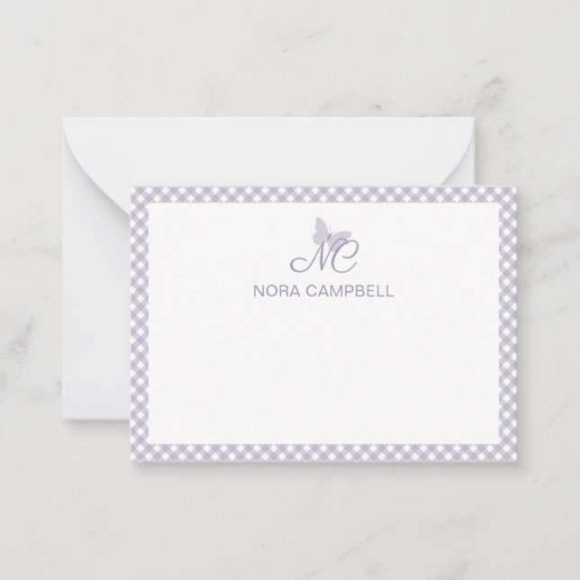 Tarjeta Pequeña Monograma elegante de Gingham Lavender personaliza (Anverso)