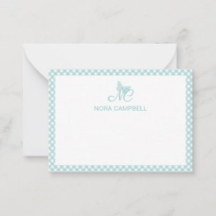 Tarjeta Pequeña Monograma elegante de Gingham Turquoise personaliz