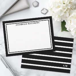 Tarjeta Pequeña Monograma Elegante de Rayas Negras y Blancas