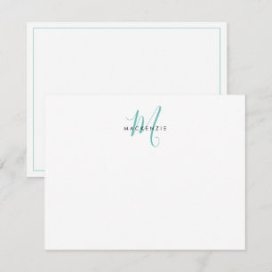 Tarjeta Pequeña Monograma elegante moderno en blanco y azul turque