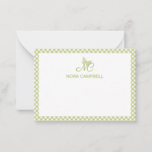 Tarjeta Pequeña Monograma elegante verde claro de Gingham personal