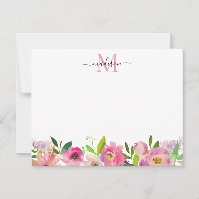 Tarjeta Pequeña Monograma femenino Pastel con flores rosadas de Ru (Anverso)
