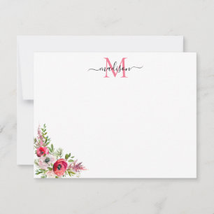 Tarjeta Pequeña Monograma festivo rojo rosa floral navideño