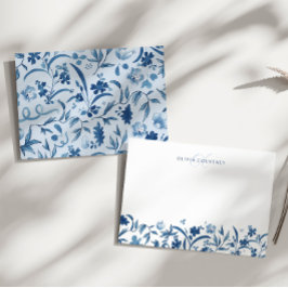 Tarjeta Pequeña Monograma Floral Azul Elegante Acuarela