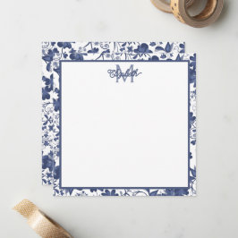 Tarjeta Pequeña Monograma floral azul y gris