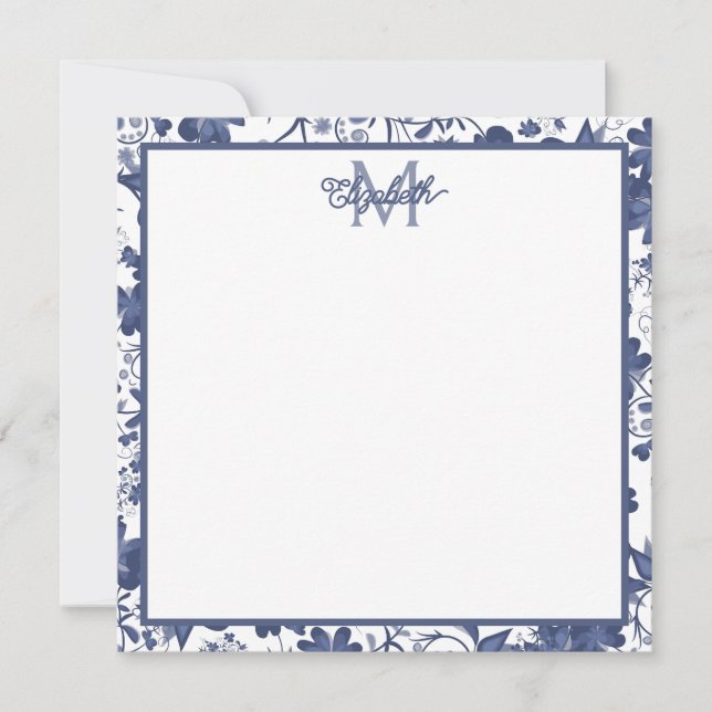 Tarjeta Pequeña Monograma floral azul y gris (Anverso)
