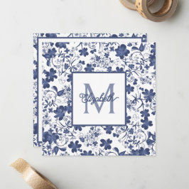 Tarjeta Pequeña Monograma floral azul y gris