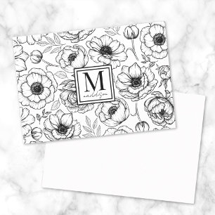 Tarjeta Pequeña Monograma Floral Blanco Negro