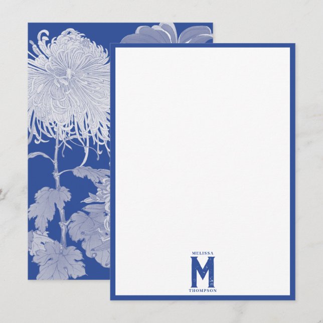 Tarjeta Pequeña Monograma floral Chinoiserie azul blanco (Anverso / Reverso)