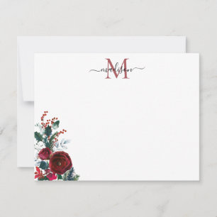 Tarjeta Pequeña Monograma floral de Navidad con rosa roja de Borgo