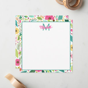 Tarjeta Pequeña Monograma floral de primavera amarillo y Verde azu