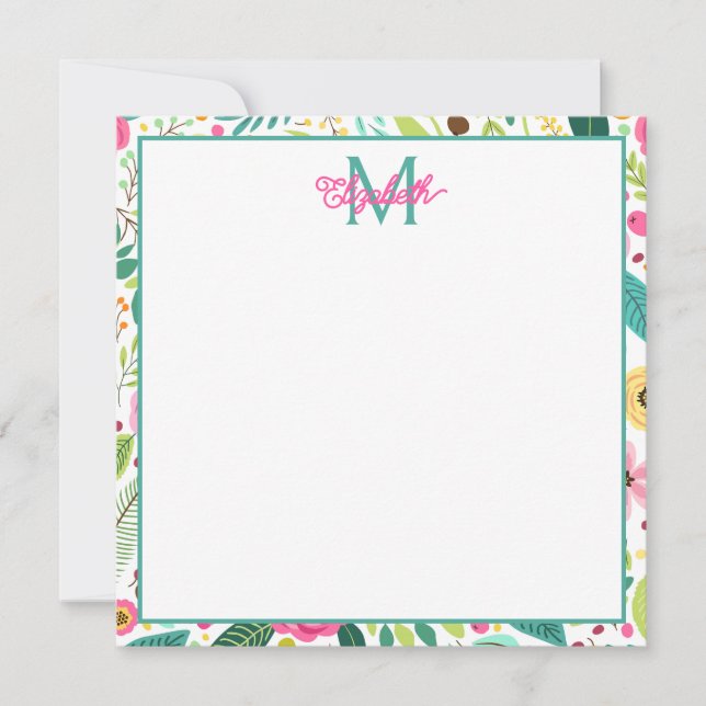 Tarjeta Pequeña Monograma floral de primavera amarillo y Verde azu (Anverso)