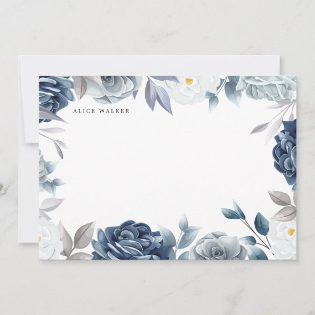Tarjeta Pequeña Monograma floral elegante azul turbio (Anverso)