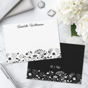Tarjeta Pequeña Monograma Floral Elegante en Blanco y Negro