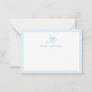 Tarjeta Pequeña Monograma Gingham Cute Baby Blue personalizado
