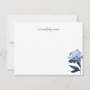 Tarjeta Pequeña Monograma Inicial Floral Azul Pareja Personalizado