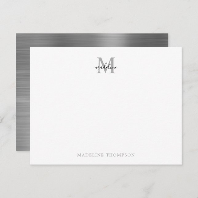 Tarjeta Pequeña Monograma Metalizado de gris plateado simple cepil (Anverso / Reverso)