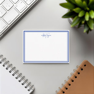 Tarjeta Pequeña Monograma Minimalista Azul Simple con Dos Bordes
