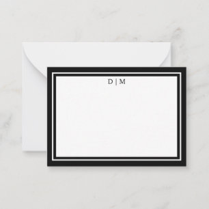 Tarjeta Pequeña Monograma minimalista de doble borde blanco y negr